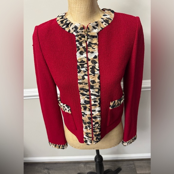 Jackets & Blazers - St John 2 Red Women's Jacket with Animal Print Trim